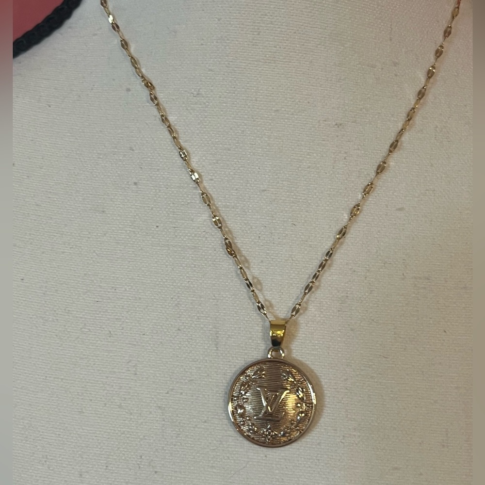 Gold Vintage LV Stamped Upcycled Charm Pendant Necklace - Picture 8 of 9